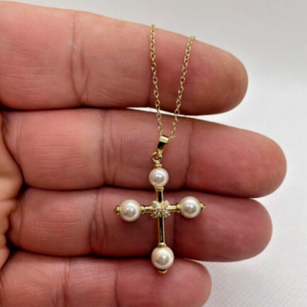 14k yellow gold plated Cross pendant necklace white pearls & lab created diamond